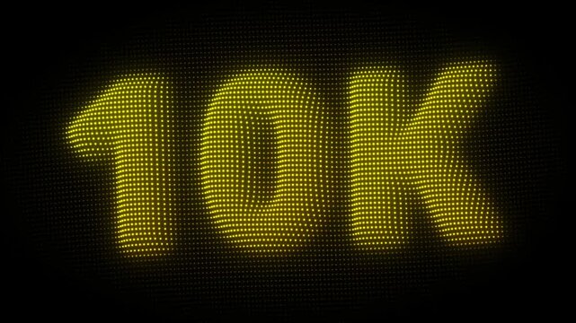 3D Golden 10K, Ten Thousand Number Particle Animation on Dark Background, Glowing Dot Grid 3D Rotating Milestone Symbol Seamless Loop, 4K