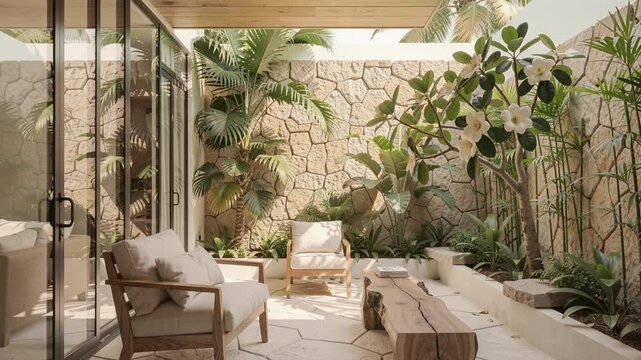 Modern tropical patio with wooden furniture
