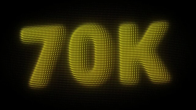 3D Golden 70K, Seventy Thousand Number Particle Animation on Dark Background, Glowing Dot Grid 3D Rotating Milestone Symbol Seamless Loop, 4K