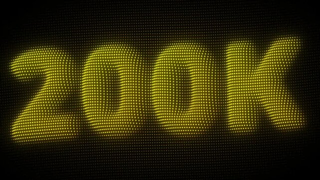 3D Golden 200K, Two Hundred Thousand Number Particle Animation on Dark Background, Glowing Dot Grid 3D Rotating Milestone Symbol Seamless Loop, 4K