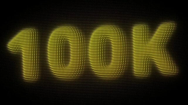 3D Golden 100K, One Hundred Thousand Number Particle Animation on Dark Background, Glowing Dot Grid 3D Rotating Milestone Symbol Seamless Loop, 4K
