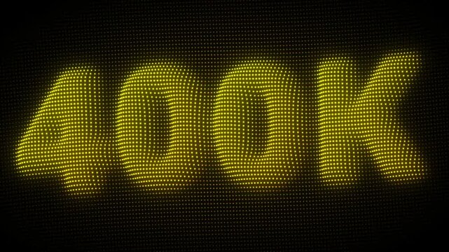 3D Golden 400K, Four Hundred Thousand Number Particle Animation on Dark Background, Glowing Dot Grid 3D Rotating Milestone Symbol Seamless Loop, 4K