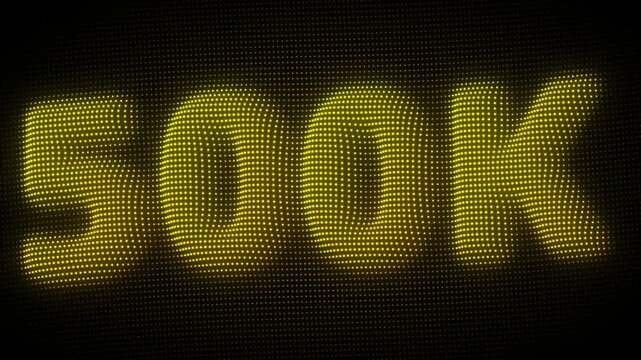 3D Golden 500K, Five Hundred Thousand Number Particle Animation on Dark Background, Glowing Dot Grid 3D Rotating Milestone Symbol Seamless Loop, 4K