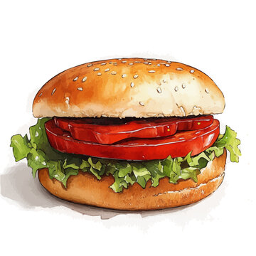 Hamburger, playful watercolor vector painting with subtle shadowing and soft gradients, isolated on a white background.