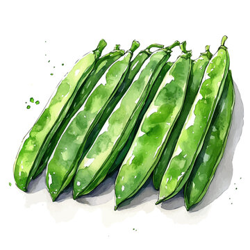 Green Beans, elegant watercolor vector illustration with flowing lines and gentle color transitions, isolated on a white background.