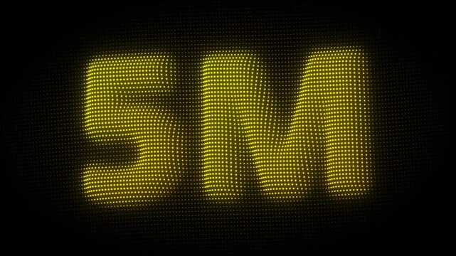 3D Golden 5M, Five Million Number Particle Animation on Dark Background, Glowing Dot Grid 3D Rotating Million Milestone Symbol Seamless Loop, 4K