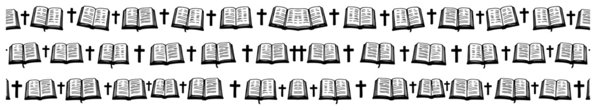 Christian cross and open bible repeating pattern borders in monochrome style