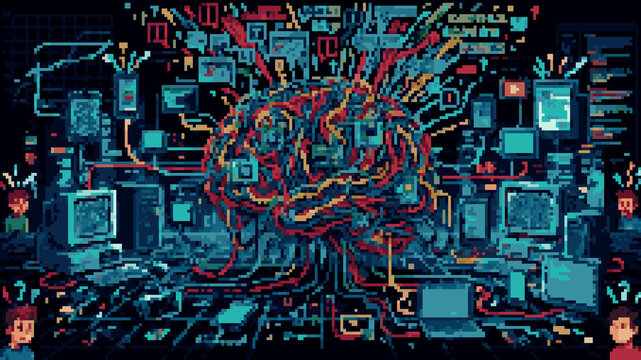 Pixel art of a human brain connected to numerous digital cables and computer screens representing artificial intelligence