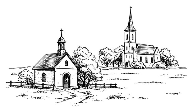 Rural landscape with small village church and chapel in simple line drawing style