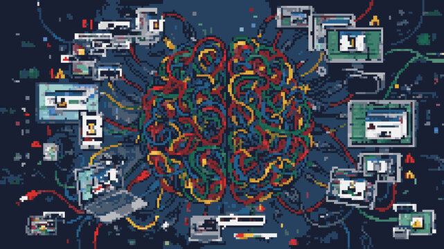 Pixel art of a human brain silhouette connected to a network of digital screens and colorful data cables