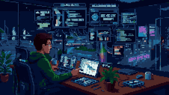 Pixel art of a person working late at night on a laptop in a dark room with a desk lamp and city view
