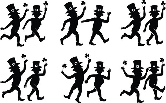 Black silhouettes of leprechauns wearing hats and holding shamrock clovers, arranged in six pairs of dancing and running figures on a white background, for saint patrick's day