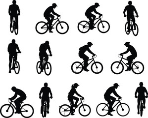 Obraz premium Collection of black silhouettes showing people riding bicycles in various poses, including side profiles and front-facing views, isolated on a plain white background