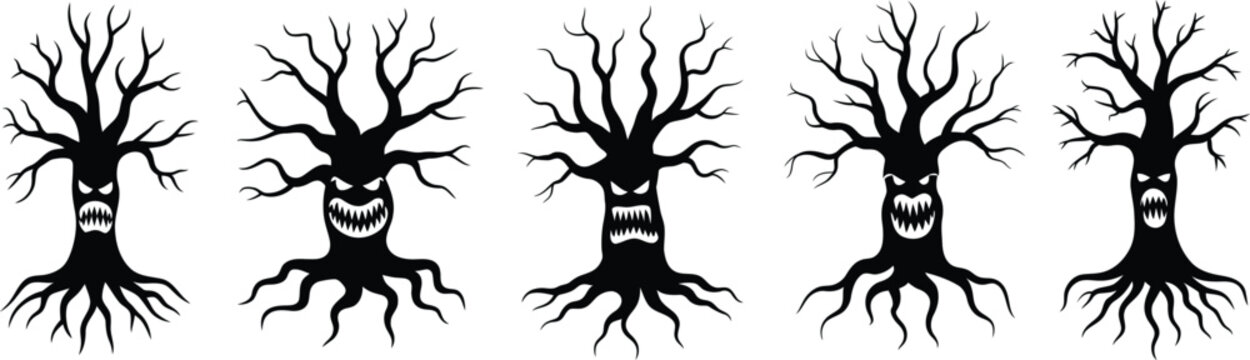 Five black silhouette of spooky, gnarled trees with jagged, toothy monster faces and exposed roots, isolated on a white background
