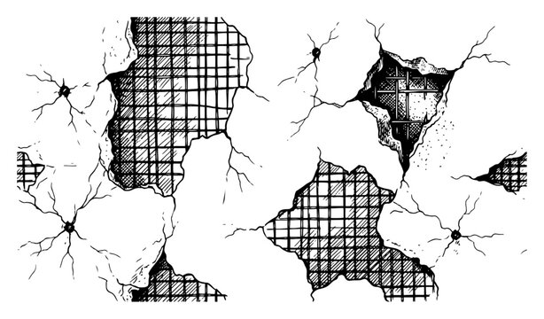 Cracked concrete wall texture with exposed metal rebar and industrial damage hand drawn sketch style