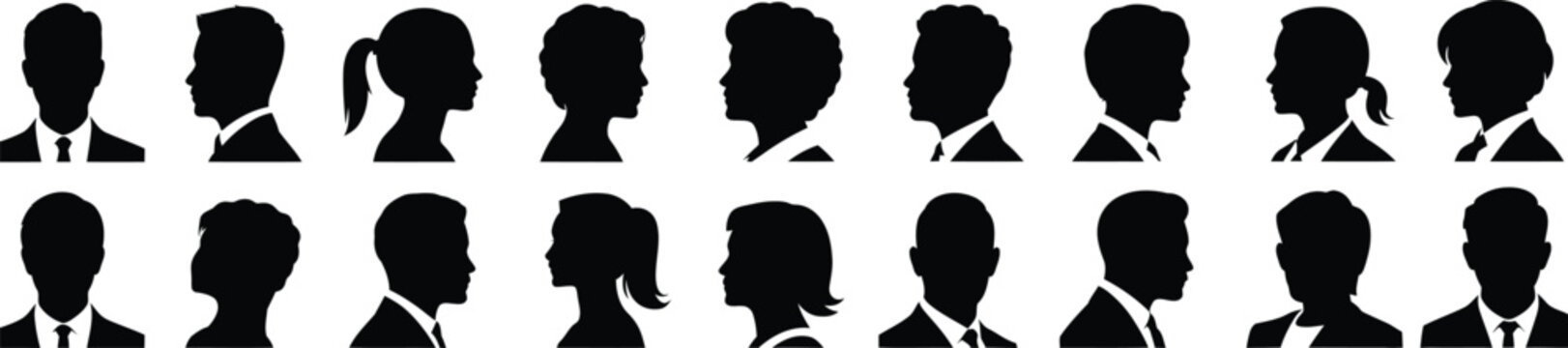 Set of black silhouette featuring diverse male and female head portraits in profile and frontal views, depicting business people with various hairstyles and neckties on a white background