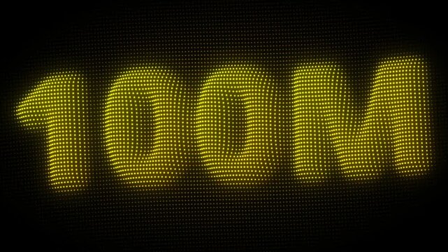 3D Golden 100M, One Hundred Million Number Particle Animation on Dark Background, Glowing Dot Grid 3D Rotating Million Milestone Symbol Seamless Loop, 4K