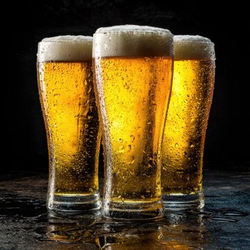 Three tall glasses of golden cold beer with frothy foam and condensation droplets standing on a wet surface against a dark background for refreshing beverage concept