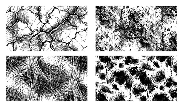 Set of abstract organic textures and grunge backgrounds in hatched ink style