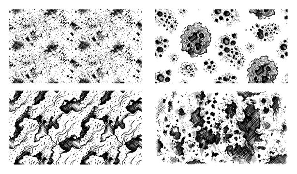 Set of abstract microscopic surfaces and lunar crater patterns in detailed line art style