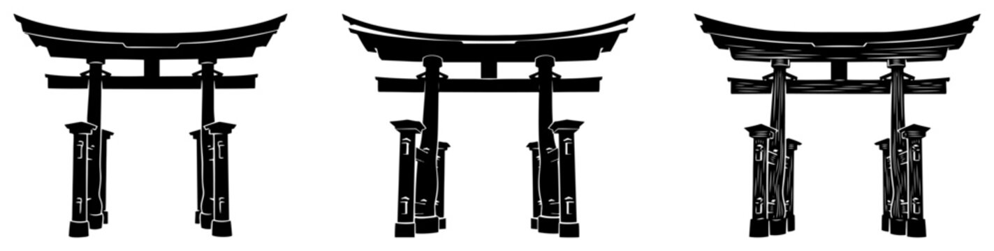 Set of traditional Japanese Torii gates in black silhouette and sketch style