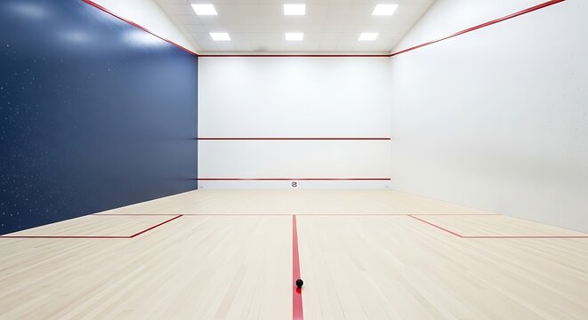 Empty Modern Squash Court with Ball on Light Wooden Floor