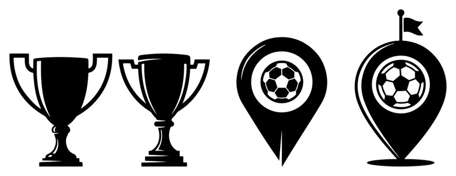 Soccer trophies and map location pins with football icons in black silhouette style
