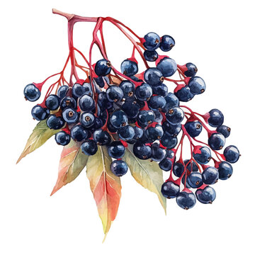 Elderberry, playful watercolor vector painting with subtle shadowing and soft gradients, isolated on a white background.
