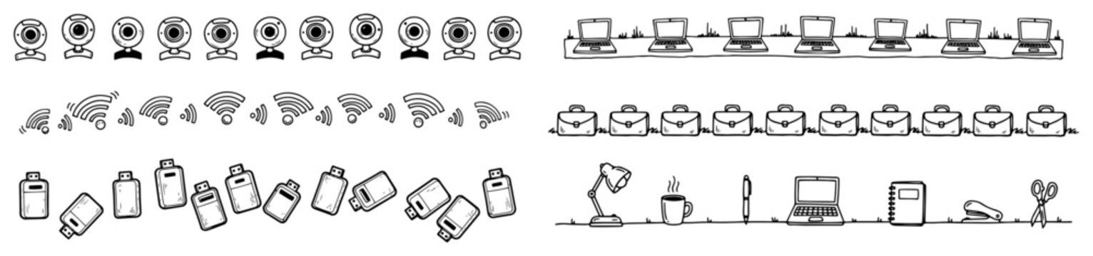 Technology and office icons collection with laptop webcam and usb drive hand drawn doodle style