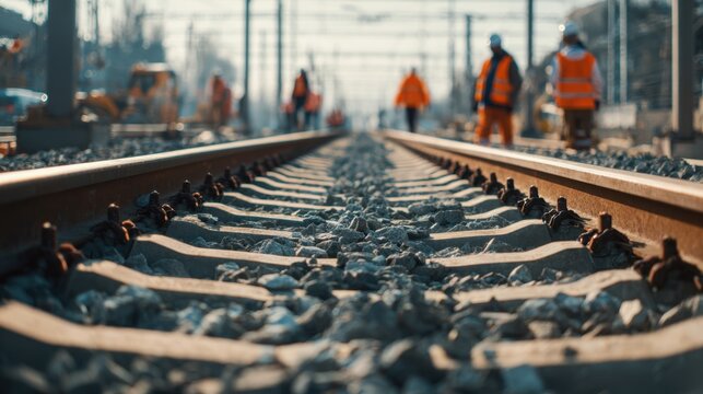 Maintenance workers in safety vests inspecting railway tracks during daytime with a low angle focus on rails and gravel ballast beneath the tracks