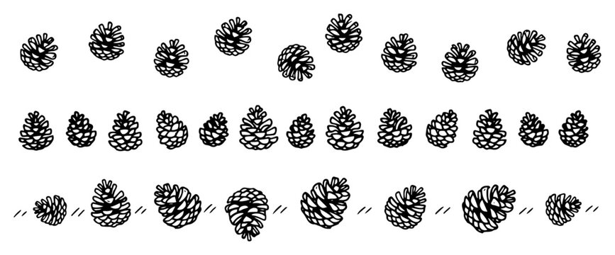 Pine cones in horizontal rows for forest or holiday themes in hand drawn doodle style