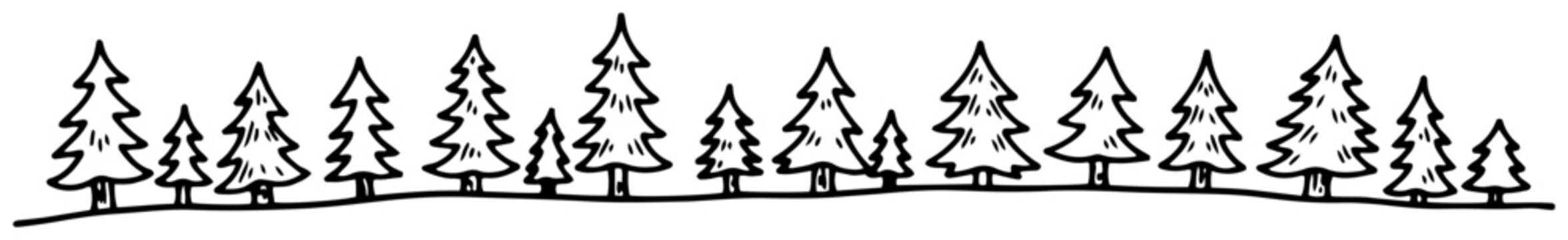 Pine trees forming a forest line landscape in hand drawn doodle style