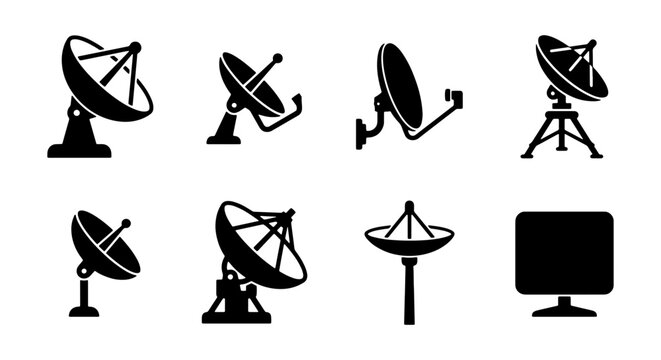 Satellite Dish Icons Set, Communication Technology Vector Graphics, Signal Receiver Collection, Broadcasting Equipment Symbols