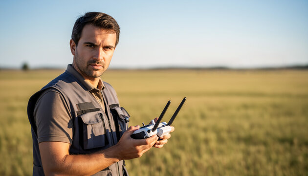 Portrait of a male agricultural worker operating a drone using a remote controller while standing in a large wheat field under a clear blue sky during a sunny day