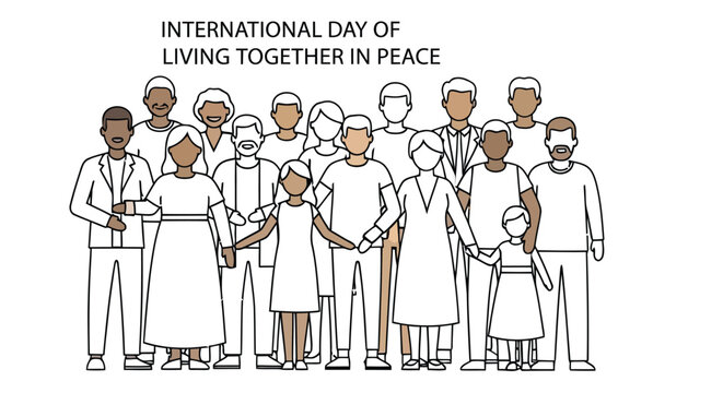 International day of living together in peace line drawing with diverse people