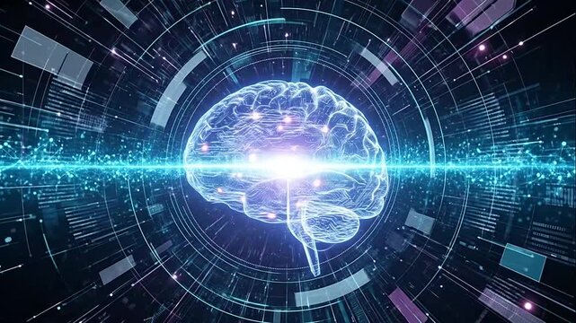 Futuristic brain with glowing blue light.