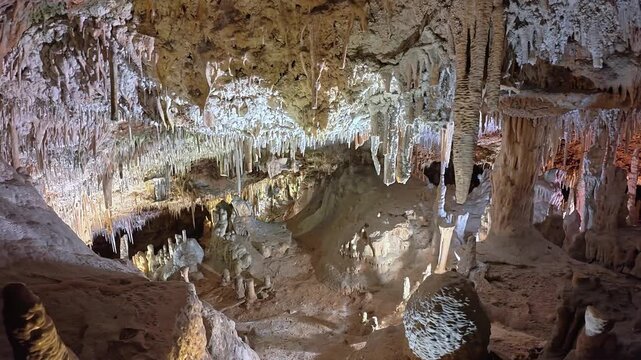 Illuminated stalactites in an underground karst cave, Mallorca