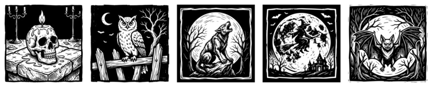 Skull owl howling wolf witch and bat symbols for Halloween in woodcut engraving style