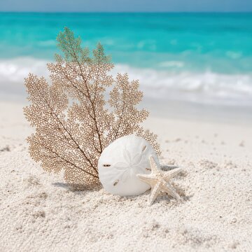A white sand dollar and starfish lie on a pristine sandy beach, showcasing the delicate textures of a sea fan against the backdrop of a turquoise ocean