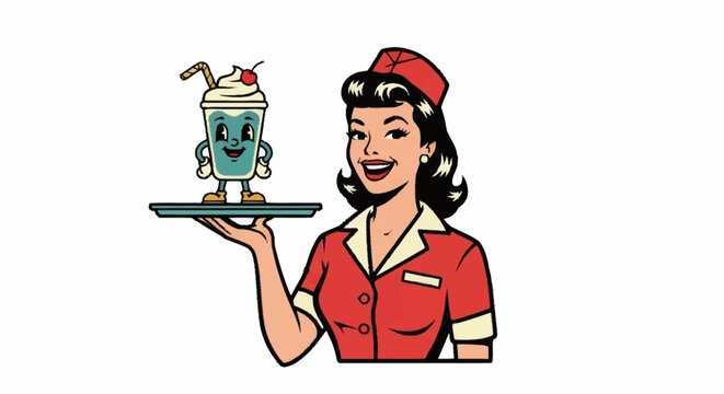 Flight attendant serving colorful smoothie on tray in retro style