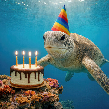 A sea turtle celebrating its birthday underwater, wearing a festive party hat and surrounded by a layered cake with burning candles and dripping chocolate icing on a colorful coral reef
