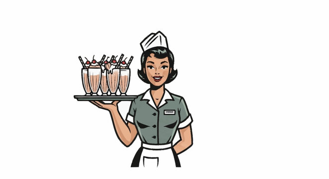 Flight attendant serving drinks on tray with smile in vintage style