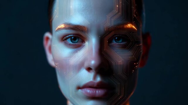 Slow motion tracking close tilt shot of human android face merging with digital circuit interface in virtual network laboratory environment at night