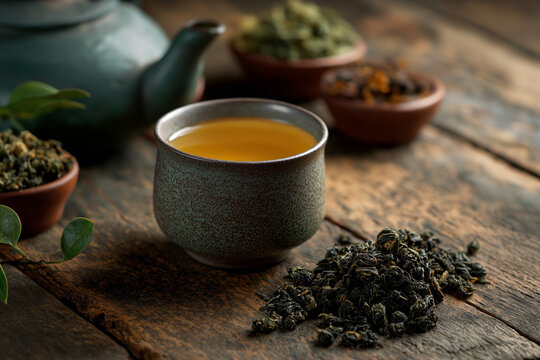 Traditional Oolong Tea in a Ceramic Cup with Loose Dried Tea Leaves