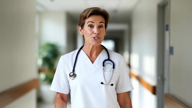 Tracking shot of female nurse walking and speaking while approaching camera in bright hospital corridor during daytime, wearing white uniform and stethoscope