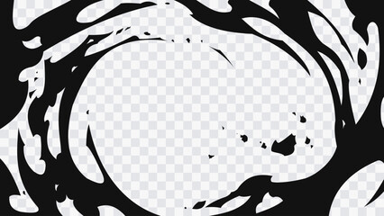 Abstract black and white swirl background with circular motion. Grunge ink shapes forming dynamic vortex composition, minimal monochrome design with copy space. © Oleg
