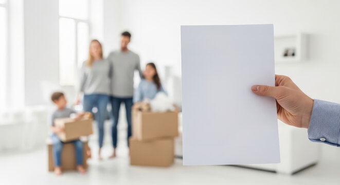 Blank document paper mockup in hand with family moving into new home on blurred background. Concept of real estate agreement, mortgage paperwork, relocation process, property insurance