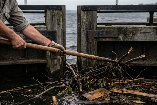 Worker using a long hook to clear wooden debris and branches from a river weir