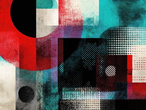 Geometric abstract composition, halftone textures, overlapping circles and squares, bold graphic style