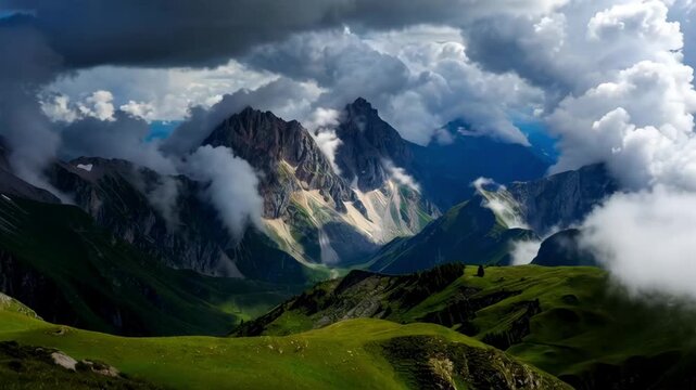 Aerial slow motion tracking pan of mountain peaks emerging through rolling clouds over alpine meadow ridgeline valley in daytime summer